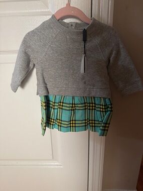 Burberry Gray Sweatshirt Top with Turquoise Plaid Hem